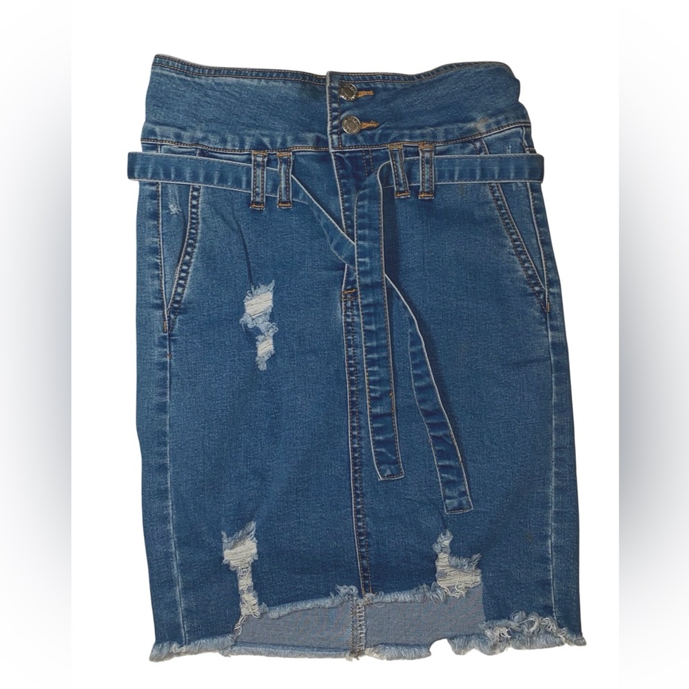 Denim Pencil Skirt with Belt Detail